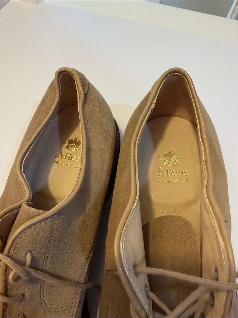 Alden Plain Toe Blucher Flex Welt Tan Suede Sz 12.  New/Flawed.  Tub10